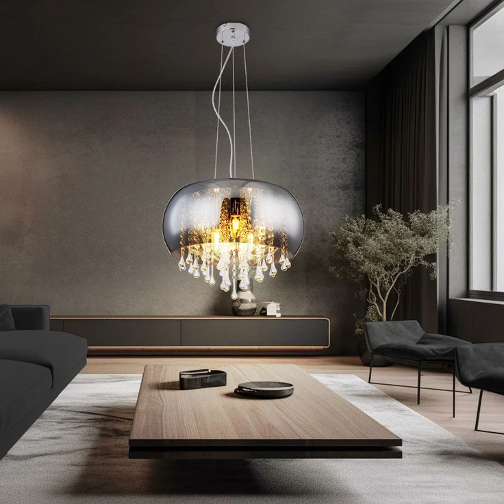 Hängeleuchte, rauchfarben, Glaskristalle, Chrom, 44 cm – Bild 3