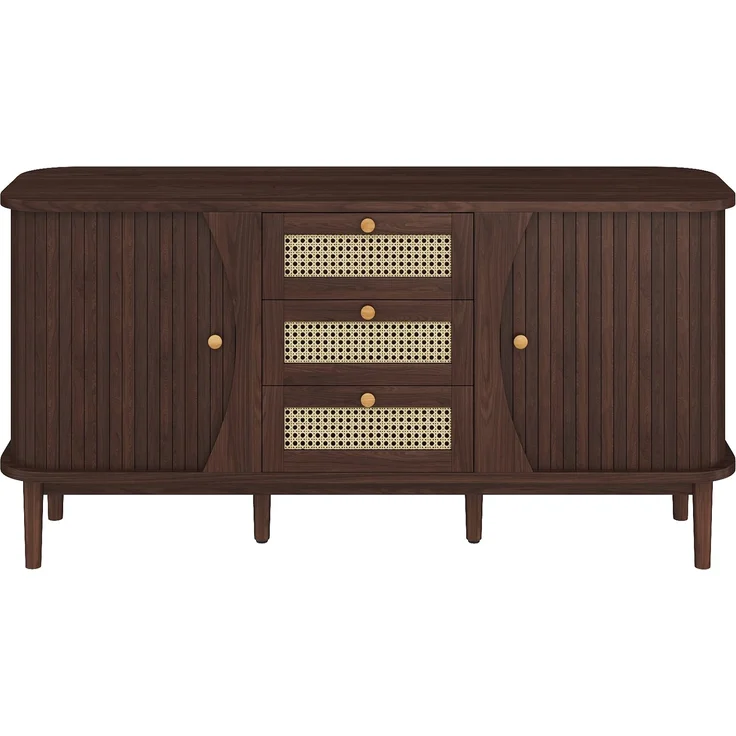 Merax Sideboard, Rattankommode, Kommode mit Schiebetüren, verstellbaren Einlegeböden und abgerundeter Platte, Walnuss – Bild 1