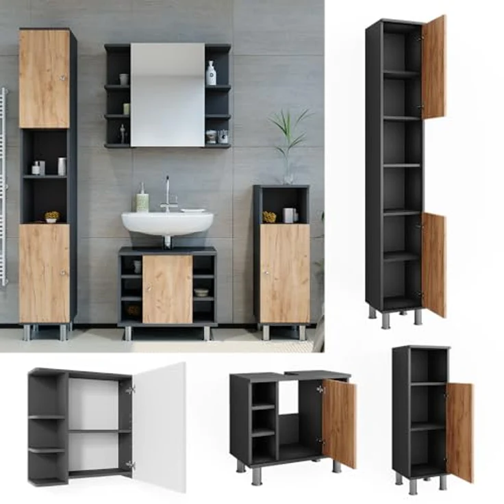 Vichy Badmöbel-Set Fynn, modernes Badmöbelset mit 4 Teilen, Anthrazit/Goldkraft Eiche, großzügiger Stauraum für Badutensilien – Bild 2