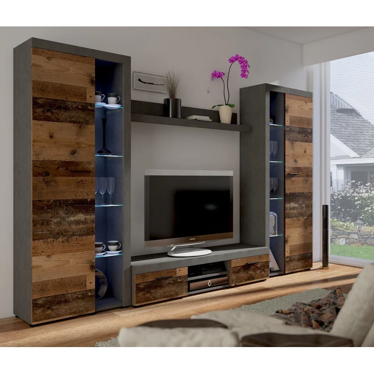Rumba XL Wohnwand Schrankwand Anbauwand Wohnkombi Wohnzimmer Old Wood + Matera – Bild 1