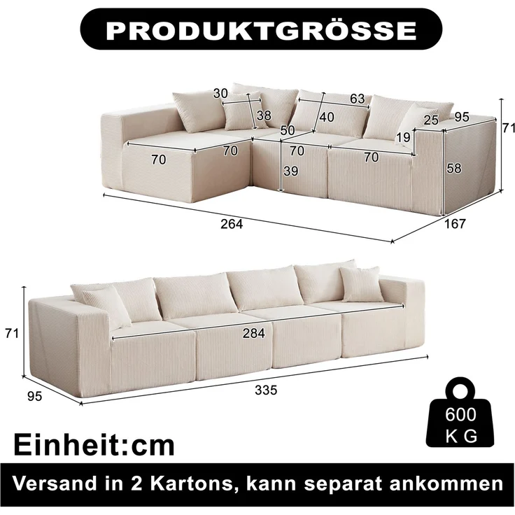 Modulares Ecksofa 264 x 167 x 71 cm in Beige – 4-teilig, mit Cordbezug – Bild 4