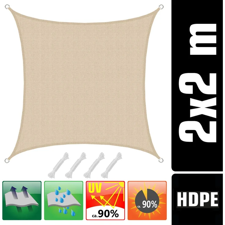 2x2m UV Sonnensegel Atmungsaktiv mit Befestigung Beige – Bild 2