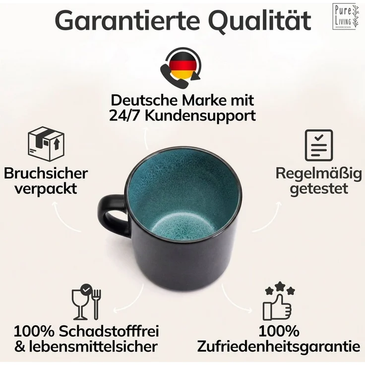 Steingut kleine Kaffeetassen 6 Pers. Ibiza Hochwertiges Mediterranes TEST SEHR GUT Tassen Set, Spülmaschinen-, Mikrowellen- und Kratzfest - Stylisches Tee- und Kaffeebecher Set - Pure Living in Petrol – Bild 4