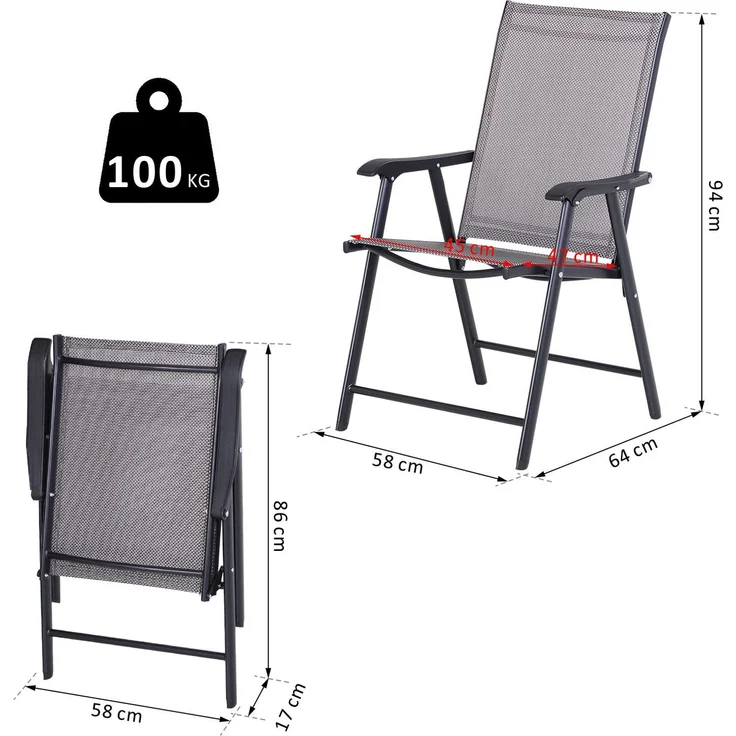 Set mit 2 klappbaren Gartenstühlen mit Armlehnen, Essstühle für den Außenbereich aus Metall und Texteline, für Terrasse, Balkon, Außen- und Innenbereich, 58 x 64 x 94 cm, grau – Bild 5