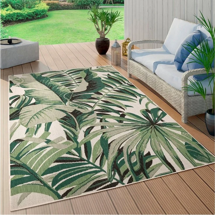 Paco Home Teppich Ostende 551, rechteckig, Höhe: 4 mm, Flachgewebe, Motiv Palmenblätter, In- und Outdoor geeignet – Bild 1