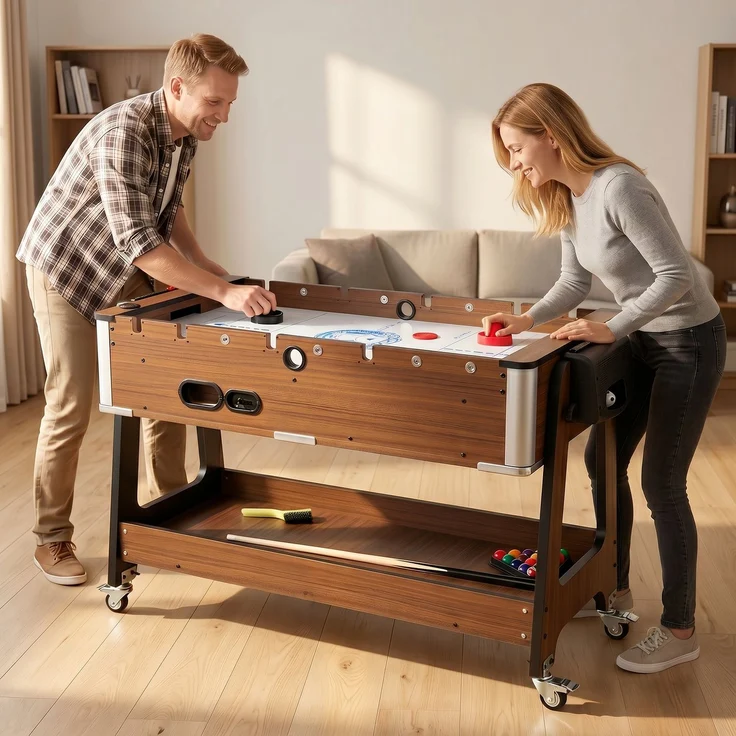 MELAYR, 3-in-1-Multispieltisch mit Rollen und Bremse, Aufbewahrungsregal, 102,5 x 61,5 x 65 cm, Nussbaum – Bild 4