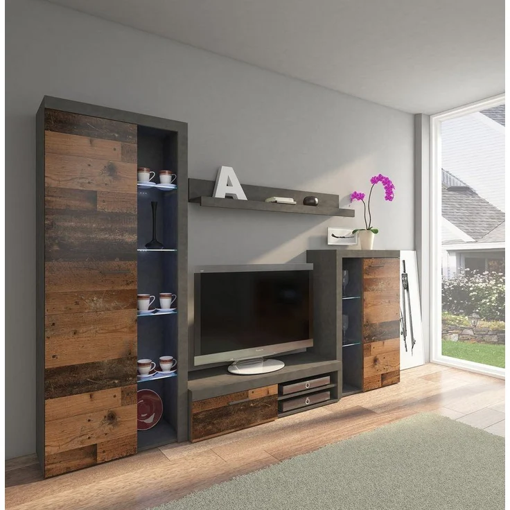 Rumba Wohnwand Schrankwand Anbauwand Wohnkombi Wohnzimmer Old Wood + Matera – Bild 1