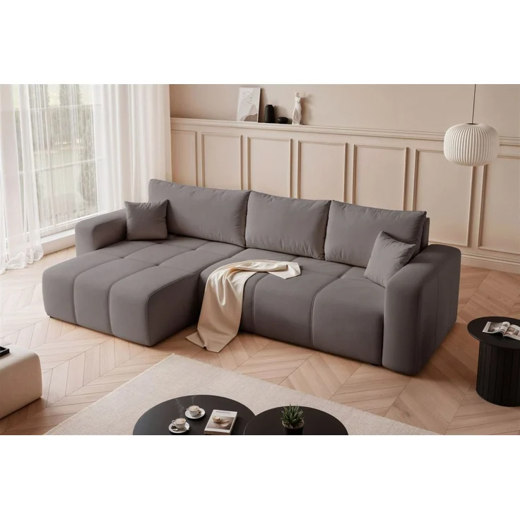 Ecksofa Schlafsofa Sofa LEROS in Stoff Manila Grau Ottomane Links – Bild 2