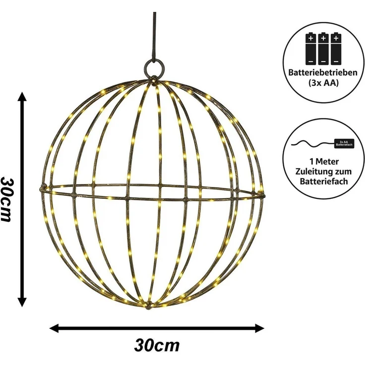mucHome LED Kugelleuchte LED Metall Lichterkugel Ø20 cm, 100 warmweiße LEDs mit Timer, Batterie – Bild 3