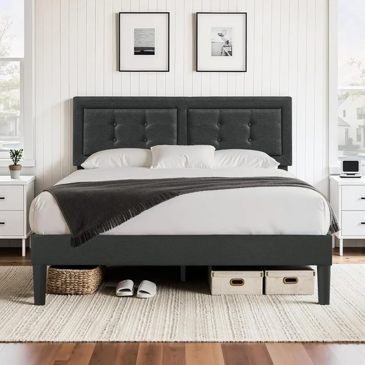 VECELO Polsterbett 140x200 cm, Doppelbett mit Höhenverstellbarem Kopfteil, Bett Bettrahmen mit Lattenrost, Gepolstertes Bettgestell Jugendbett für Schlafzimmer Gästezimmer, Dunkelgrau