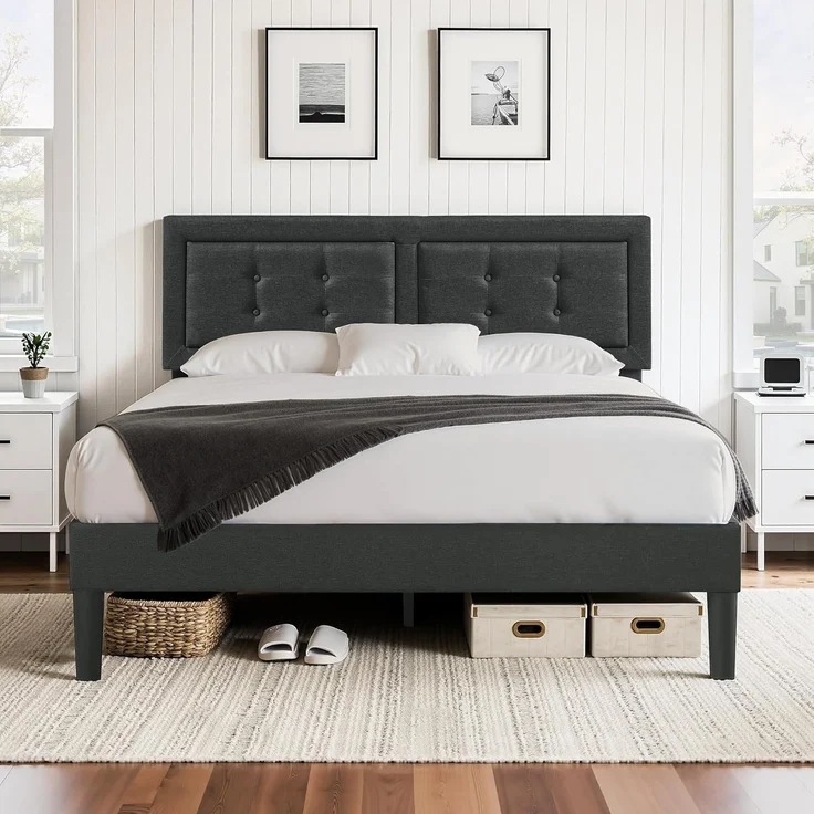 VECELO Polsterbett 140x200 cm, Doppelbett mit Höhenverstellbarem Kopfteil, Bett Bettrahmen mit Lattenrost, Gepolstertes Bettgestell Jugendbett für Schlafzimmer Gästezimmer, Dunkelgrau
