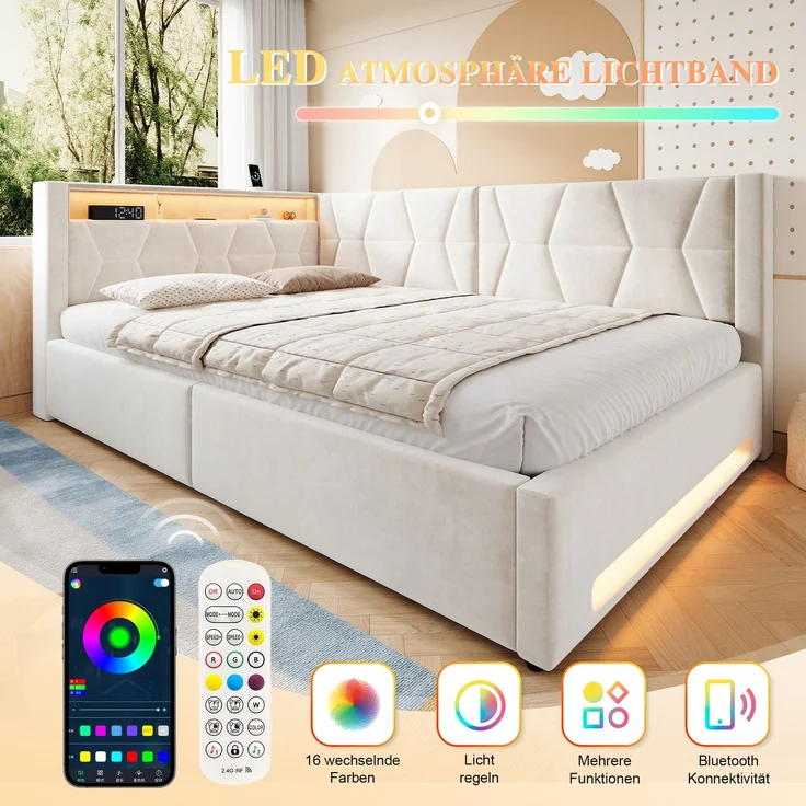 LVHOM Einzelbett 140x200 cm mit Stauraum, Polsterbett mit LED, USB und Type-C, Jugendbett, Hydraulischem Bettgestell, Samt, Beige – Bild 3