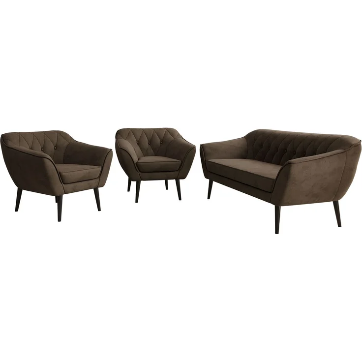 Wohnzimmerset PIRS 1-1-3, Skandinavisches 3-Sitzer Sofa mit Sesseln, Sofa mit Wellenfederung, schwarze Füße, Skandinavisches Möbelset - Braun Velvet – Bild 7