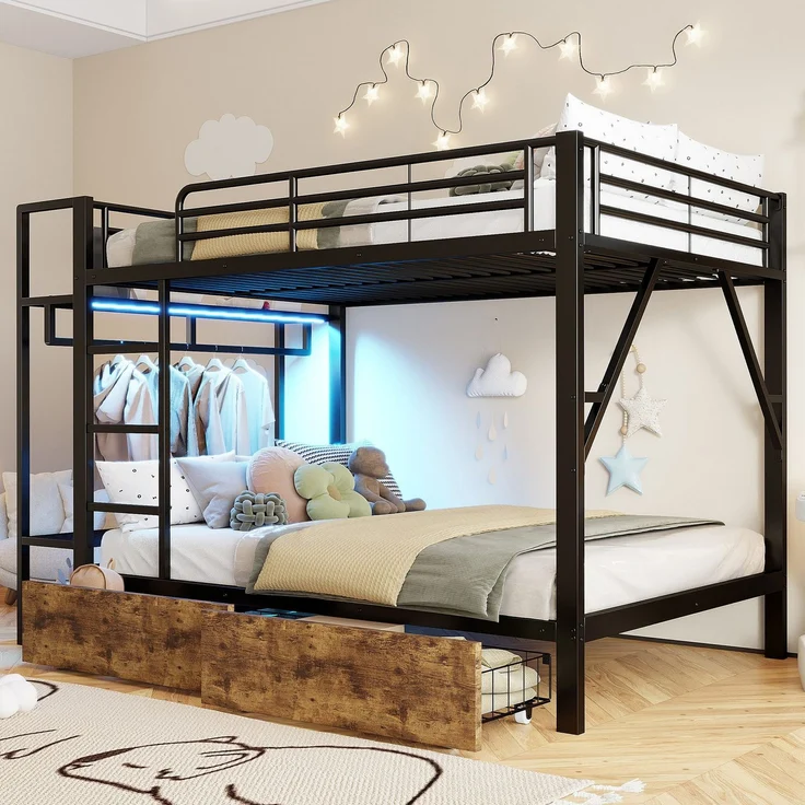 Etagenbett mit Schubladen, RGB LED-Streifen, Kleiderstange, Regal, Lattenrost und Leiter, 140x200 cm, Kinderbett mit Rausfallschutz, Metallbett – Bild 2
