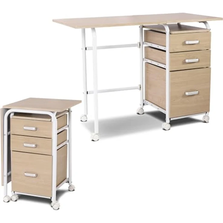 FANTASK Schreibtisch, Klappbarer Bürotisch mit Metallrahmen, Klappschreibtisch mit 3 Schubladen & Rollen, platzsparender Computertisch für kleine Räume, 105 x 50 x 75 cm (Natur) – Bild 2