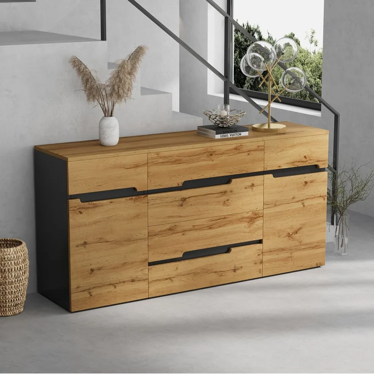 DESVIAE Sideboard mit 2 Türen und 4 Schubladen 160x80x40 cm Spanplatte Holzoptik Schwarz – Bild 2