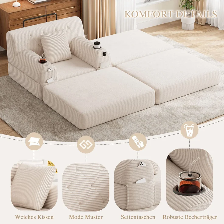 ZUBALIYA Schlafsofa 162x81 cm, mit Stauraum, mit Samtbezug, mit Cordbezug, mit Knopfheftung, mit breiten Armlehnen, Beige – Bild 5