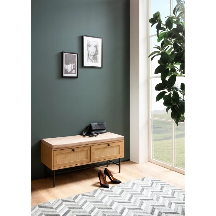 Schuhbank Eiche-Dekor 100x48x38cm mit Stauraum Rattan Sitzfläche Schubladen Flur – Bild 3