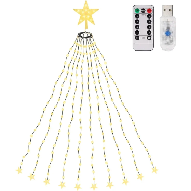 SALCAR 2m Christbaumbeleuchtung, Weihnachtsbaum Lichterkette mit 10 Girlanden und 1 Weihnachtsbaumspitzestern, 210 LED Lichterkette für Baum, Tannenbaum, Grüngürtel, Busche - Warmweiß – Bild 1