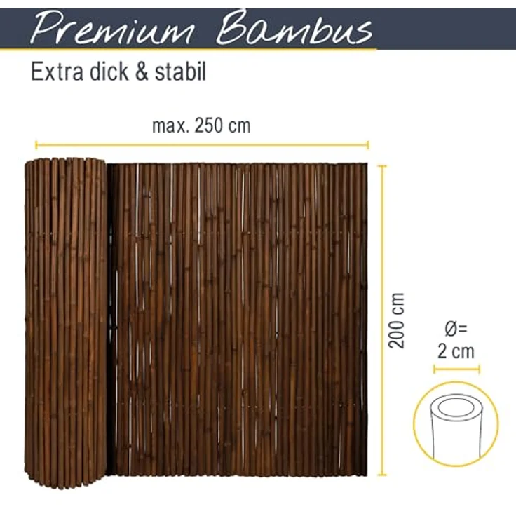 Sol Royal Premium Bambus Sichtschutz Zaun 200x250 cm B23 Dunkelbraun – hochwertig gehärtete Bambusrohre Ø 2-3cm, witterungsbeständiger Bambuszaun Indoor & Outdoor, Balkon Sichtschutz – Bild 3