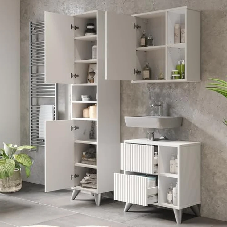 Vichy Badmöbel-Set Leano, Weiss, 3-teilig mit Waschbeckenunterschrank und Spiegelschrank, hochwertige Verarbeitung – Bild 5