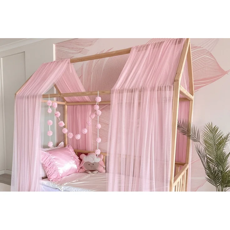 Baby Fancyroom Betthimmel Betthimmel Tüll Hausbett Kinderbett 2 Stück 340cm 380cm Montessori (3-tlg. Set mit 2x Betthimmel und einer 20er Pomponkette, Baldachin, Kinder Betthimmel Baldachin Himmel Deko Set), Betthimmel für Hausbett Montessori – Bild 3
