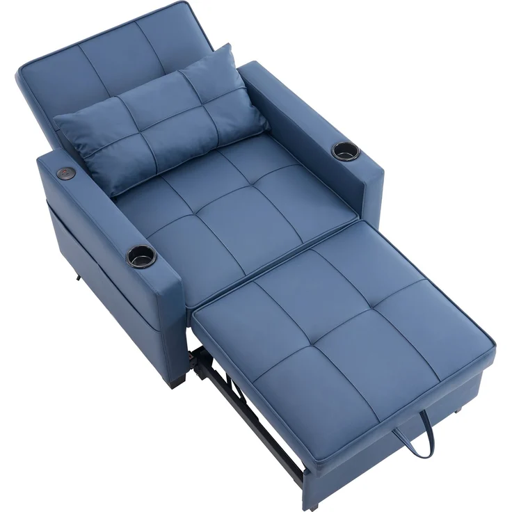 3-in-1 Schlafsessel mit USB und Getränkehaltern, ausziehbarer 1-Sitzer mit 3 Rückenpositionen und Seitentasche für kleine Wohnräume, Blau – Bild 13