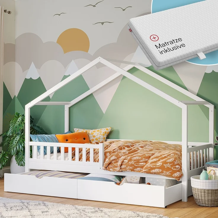 Bellabino 'Vils' Hausbett 90x200 cm mit Matratze und großer Schublade, weiß, Kiefer Massivholz, Montessori Kinderbett mit Stauraum, inkl. Rausfallschutz und Lattenrost – Bild 1