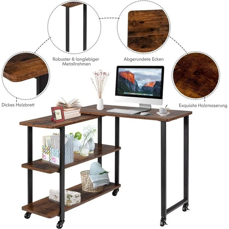 COSTWAY Schreibtisch, L-förmig, Beistelltisch mit Rollen & Ablagen, drehbar – Bild 3