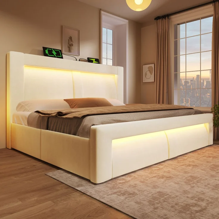 EINHOM Einzelbett 180 x 200 cm mit Stauraum, Hydraulisches Bett, LED-Beleuchtung mit APP-Steuerung, USB- & Type-C-Ladeanschlüsse, Samt, Kopfteil mit Gebogenem Design, Beige (Ohne Matratze) – Bild 7