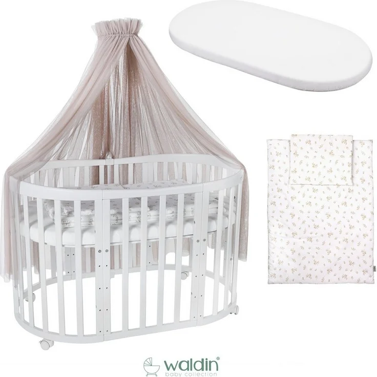 Waldin Babybett Mobiles Babybett OWAL aus Holz 7in1 mit Matratze, mitwachsend – Bild 2