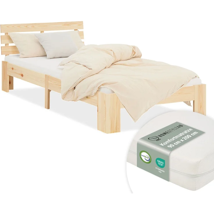 Holzbett Jugendbett Einzelbett 90x200 Bett mit Matratze und Lattenrost Holzbettrahmen Natur Massiv Holz – Bild 1