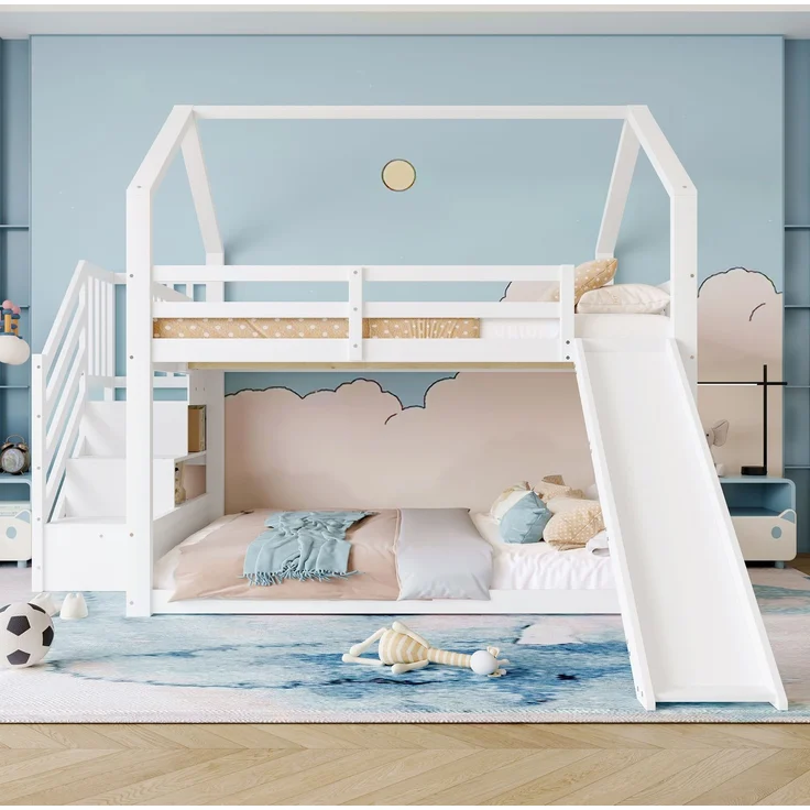 Etagenbett mit Stauraumtreppe und Rutsche, Hausbett(Ohne Matratze), Kinderbett mit Geländer,geeignet für Kinder, Jugendliche, 140x200 cm, Weiß – Bild 3
