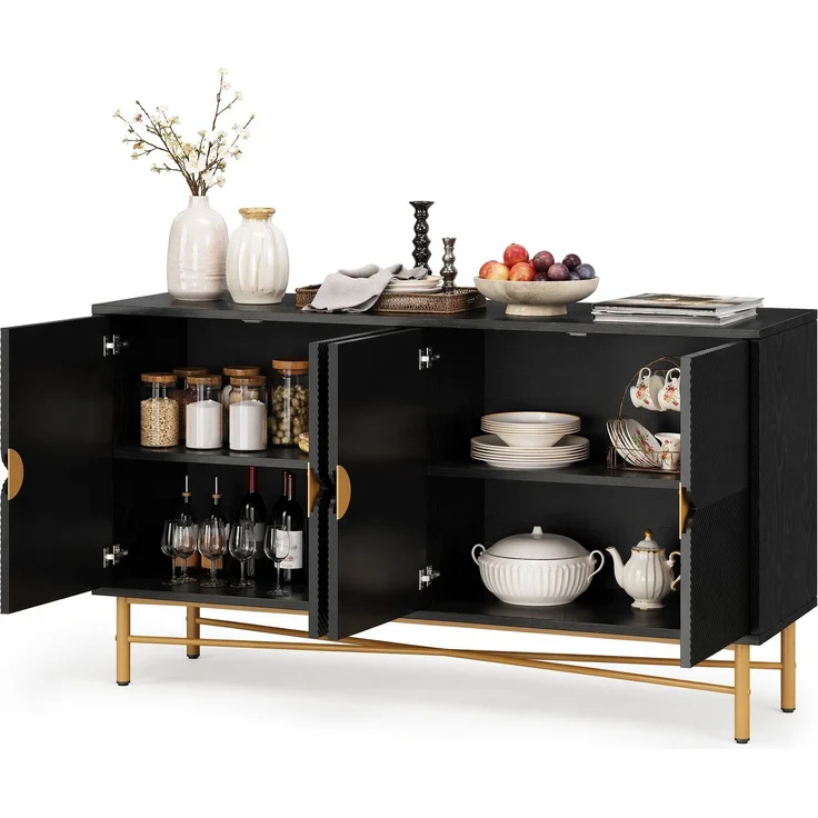 DESVIAE Sideboard mit 4 Türen und Soft-Close 160x82x40 cm aus MDF und Spanplatte Schwarz – Bild 7