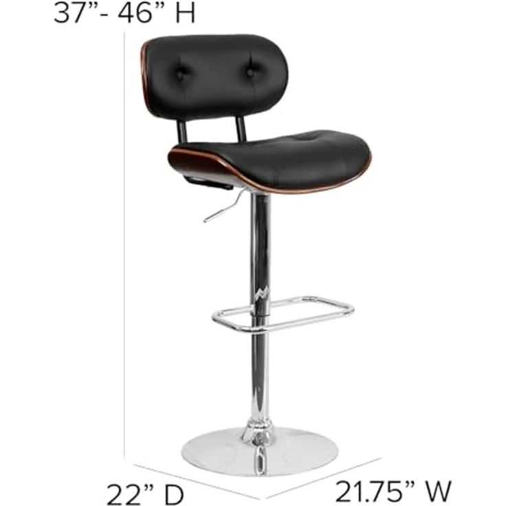 Flash Furniture Barhocker aus Walnussholz mit Verstellbarer Höhe und mit Knöpfen gestepptem schwarzem Vinyl-Polster – Bild 3