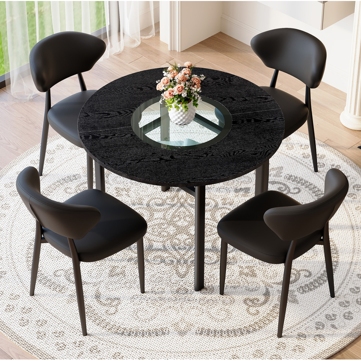 Essgruppe mit rundem Tisch Ø 100x76 cm, Glasablage und PU-Sitzen, Schwarz