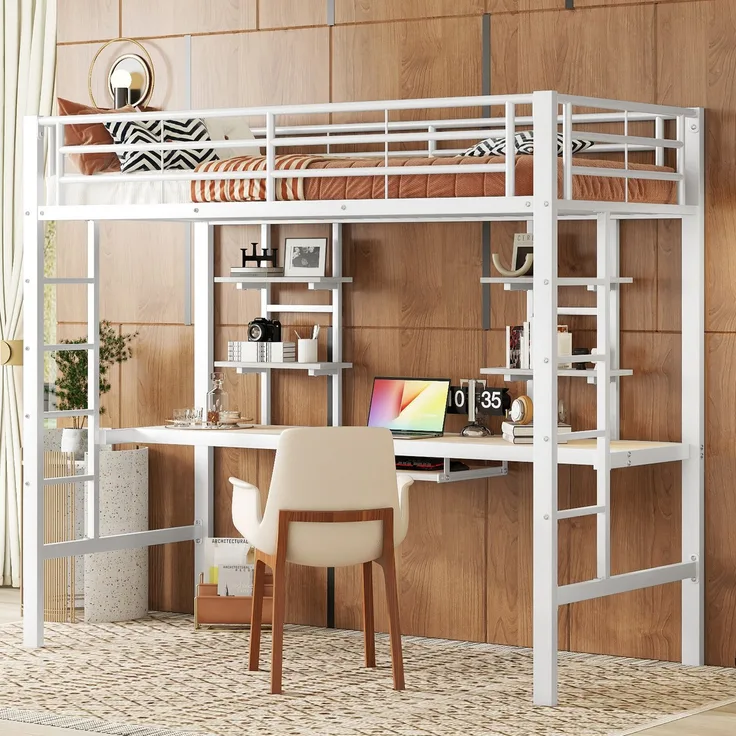 EINHOM Hochbett, 90 x 200 cm, Bettgestell Metallbett, Eisenbett, Hochbett mit Schreibtisch und Zwei Bücherregalen für Kinder, Jugendliche und Erwachsene, Weiß (Ohne Matratze)