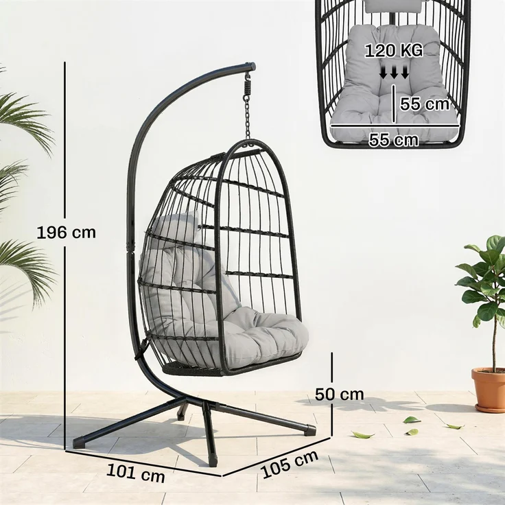 MELAYR, Hängesessel mit Gestell faltbar Polyrattan Hängekorb mit Kissen Sicherheitsgurt, 105 x 101 x 196 cm, Hellgrau – Bild 5
