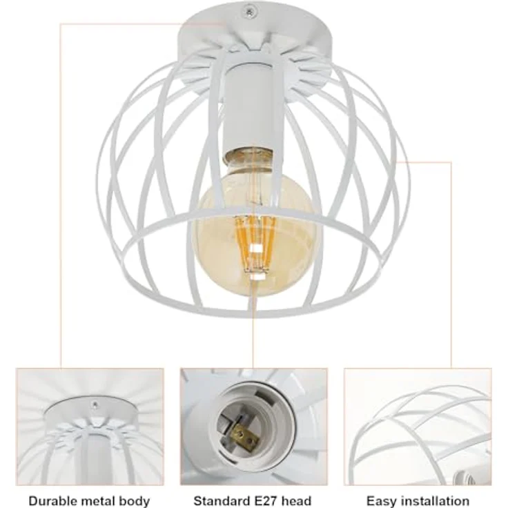 Comely Deckenleuchte Vintage, Industrial Deckenlampe Metall in Käfigform, Retro Kronleuchter E27 für Schlafzimmer, Wohnzimmer, Eingang, Flur (Weiß) – Bild 6