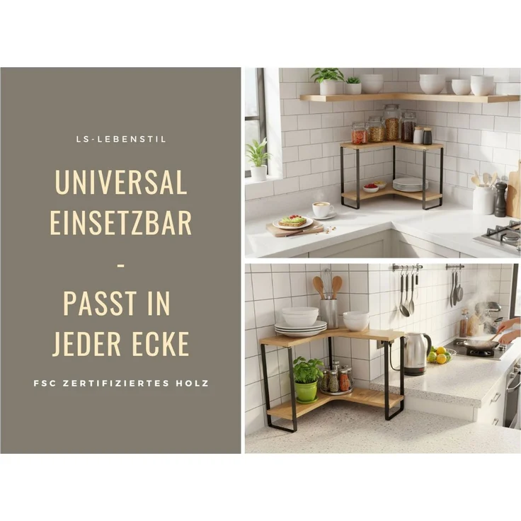 LS-LebenStil Eckregal Küchenregal Eckregal Holz 27x25cm stehend Aufbewahrungsregal Gewürzreg, Küche & Bad - Gewürzregal über Eck - Organizer für Tassen Gewürze 1-tlg, Dekoregal als für Arbeitsplatte - Modern & Platzsparend – Bild 4
