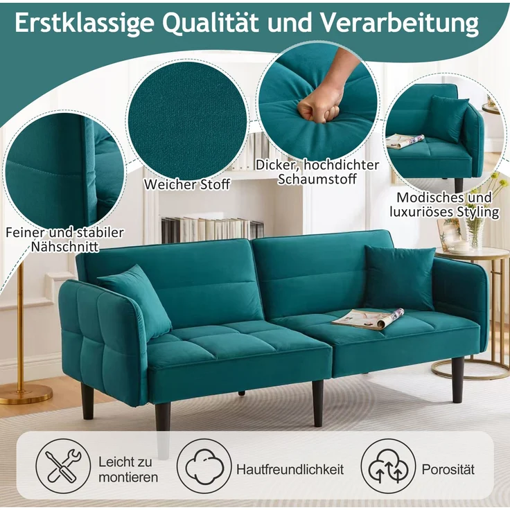 Merax 2-in-1 Verstellbares Schlafsofa – Zweisitzer mit Samtbezug, klappbaren Armlehnen & Schlaffunktion, ideal für kleine Räume, Antik Blaugrün – Bild 7