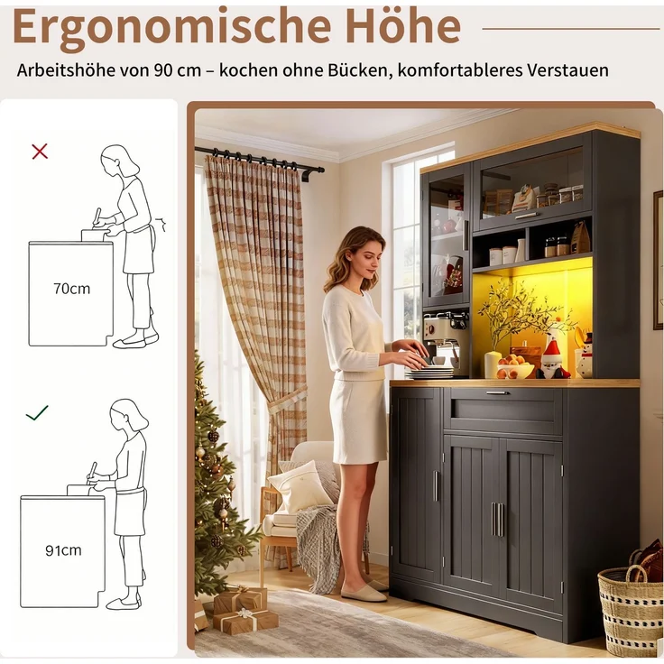 Küchenschrank, Hochschrank / Vitrine mit LED-Beleuchtung, 104x40x180 cm, weiß/schwarz, für Küche & Wohnzimmer--Schwarz--104x40x180cm--YOUDENOVA – Bild 8