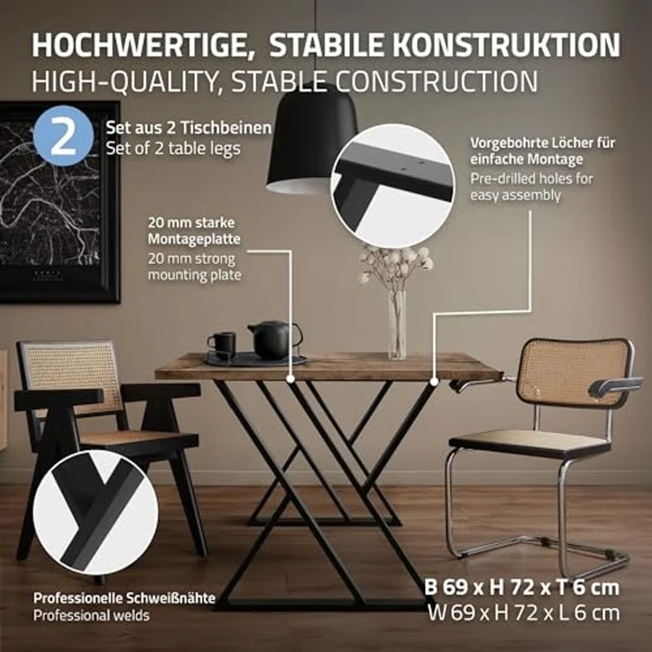 ML-DESIGN Tischbein 2er Set Tischgestell Tischkufen Möbelfüße aus Stahl Industriedesign, Kufengestell X-Form Schwarz für Esstisch/Schreibtisch DIY-Projekte – Bild 2