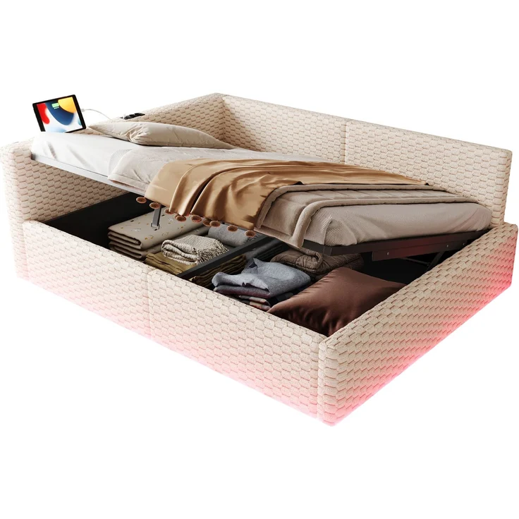 Merax Polsterbett 140 x 200 cm, Doppelbett, Jugendbett mit LED-Beleuchtung, Tape-C und zwei USB-Anschlüssen, L-förmiger weicher Rückenlehne, Samtstoff, Hydraulischem Bettgestell, Beige – Bild 10