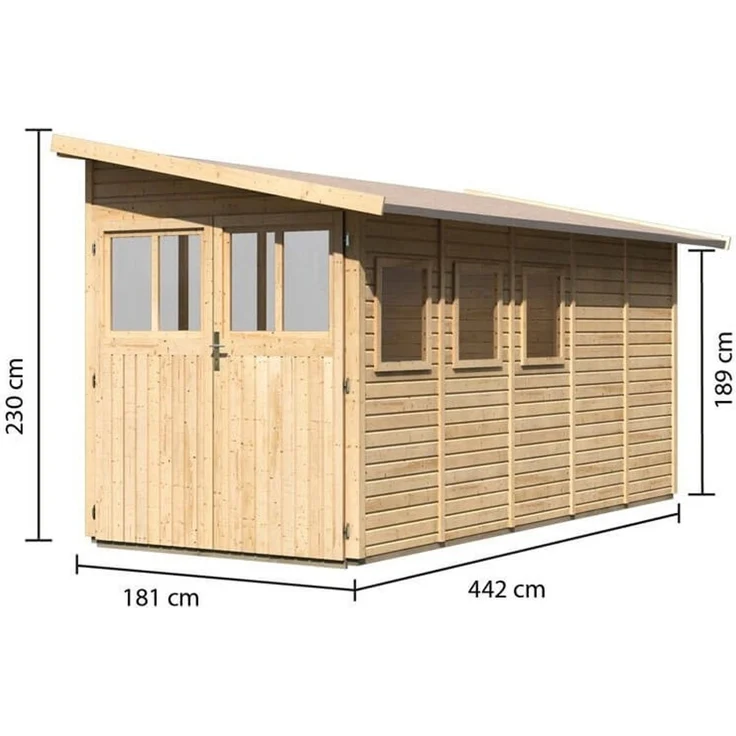 Anlehnhaus Wandlitz 5 - 181x442 cm, 19 mm Holz naturbelassen, Karibu – Bild 3