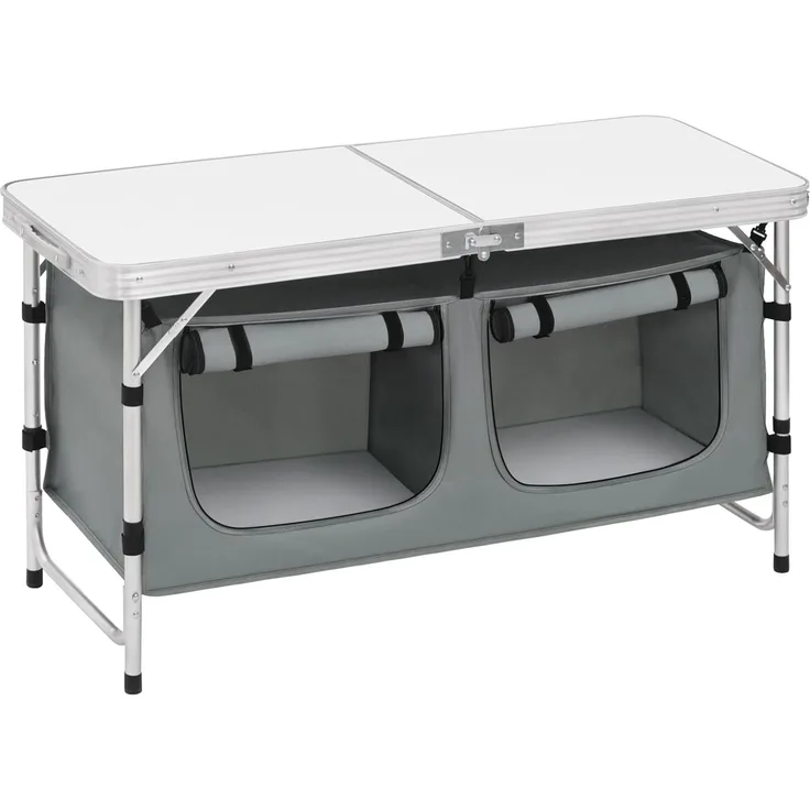 WOLTU faltbar Campingschrank Alu Campingtisch Höhenverstellbar mit Stauraum, Outdoor Campingmöbel Klapptisch Gartentisch für Picknick Strand im Freien, Weiß+Grau