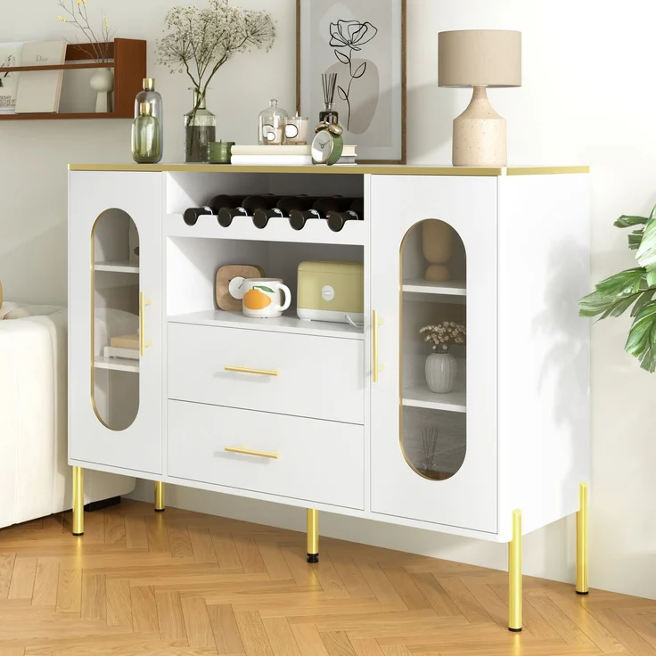 Merax Weißes Sideboard, Glasfronten & Weinregal – Sideboard für Esszimmer & Wohnzimmer – Verstellbarer Fuß – Viel Stauraum – Bild 3