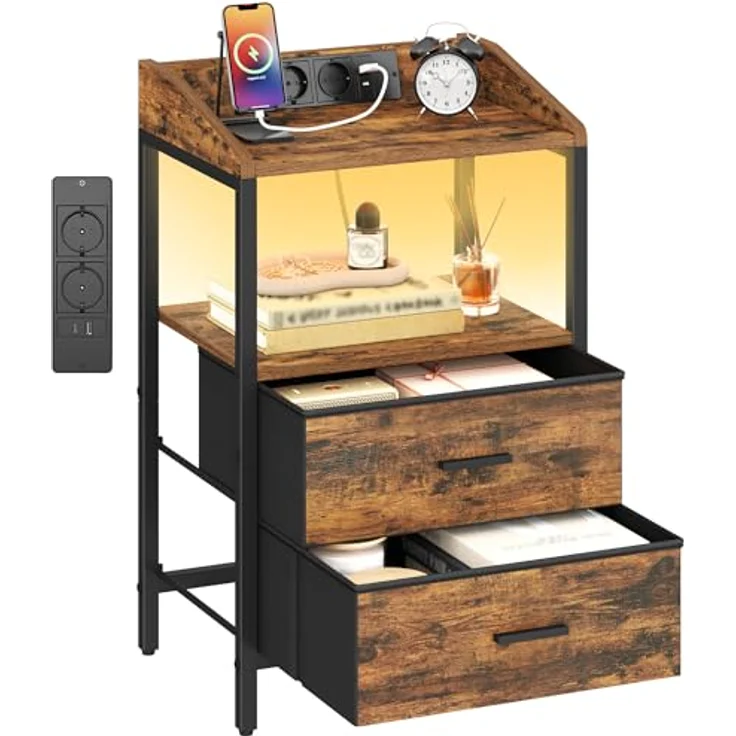 Nachttisch mit LED-Leuchten und ladefunktion, Beistelltisch mit 2 Stoff-Schubladen mit USB-Anschlüssen & Steckdosen, für Schlafzimmer, Wohnzimmer, Vintage Braun-Schwarz – Bild 9