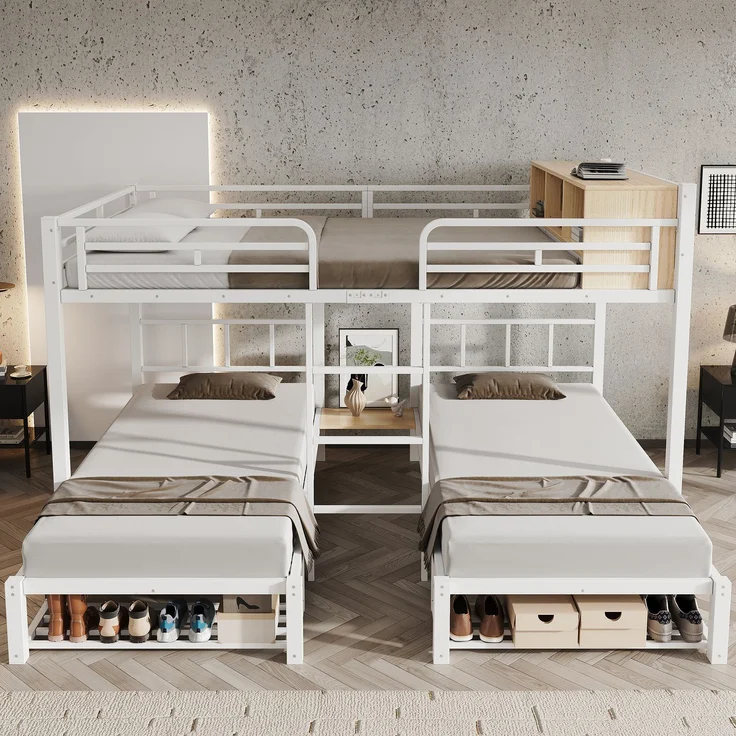 EINHOM Metall-Etagenbett 140x200/90x200 cm Weiß, Familien-Stockbett mit 3 Schlafplätzen, offenem Regal, Schuhablage und Leiter für Gästezimmer und Jugendzimmer (Ohne Matratze) – Bild 5