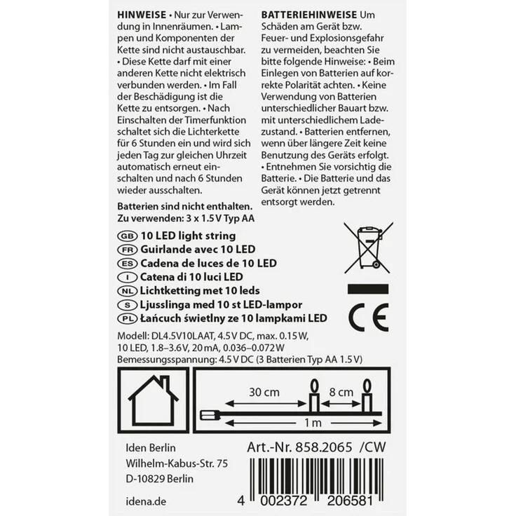 Idena LED-Lichterkette Idena 8582065 - LED Lichterkette mit 10 LEDs in Warmweiß, mit 6 Stunde – Bild 2